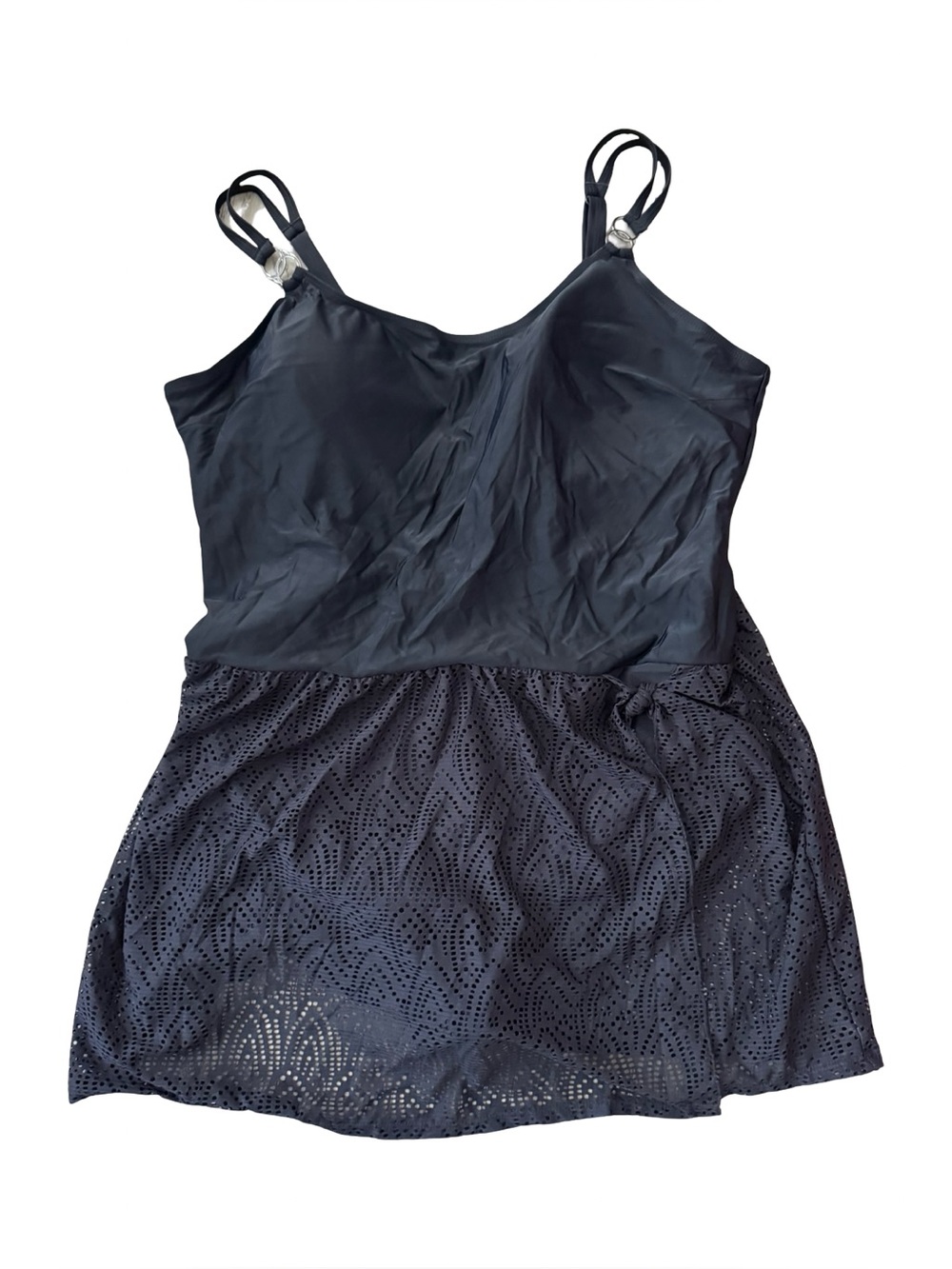 Krista Swimwear Tankini Top Black Crochet Hem Adjustable Straps Size 24WD